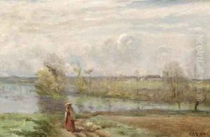 Jeune fille lisant au bord de l'eau by Jean-Baptiste-Camille Corot