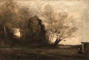 Paysanne filant prs d'une cabane by Jean-Baptiste-Camille Corot