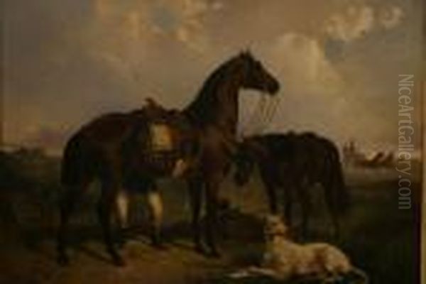 Rider With Two Bay Horses And Hound - view 1