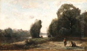 Prairie au bord d'une rivire by Jean-Baptiste-Camille Corot