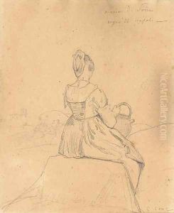 A seated girl seen from behind, a village in the background by Jean-Baptiste-Camille Corot