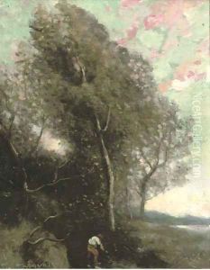 Figure in a wooded landscape by Jean-Baptiste-Camille Corot