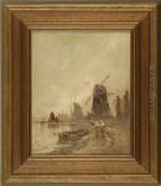 Dutch Coastal Scene With Boat And Figures In Foreground And Distant Windmill - view 1