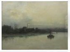 Misty Harbor With Boats And Smoke Stacks by Arthur Vidal Diehl