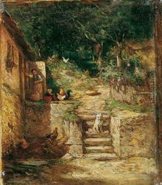 Vor Einem Bauernhaus Ein Auf 
Stufen Sitzender Spitz. Ol Auf Leinwand. H 23; B 19,5 Cm. Verso Auf Dem 
Rahmen Alt Bezeichnet: Dielmann. Provenienz: Aus Dem Nachlass Des Malers
 Heinrich Winter (gest. 1911 In Kronberg/taunus). - view 1