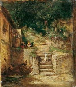 Vor Einem Bauernhaus Ein Auf
Stufen Sitzender Spitz. Ol Auf Leinwand. H 23; B 19,5 Cm. Verso Auf Dem
Rahmen Alt Bezeichnet: Dielmann. Provenienz: Aus Dem Nachlass Des Malers
Heinrich Winter (gest. 1911 In Kronberg/taunus). by Jakob Furchtegott Dielmann
