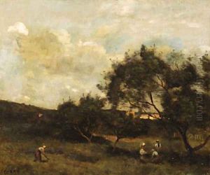Paysans en vue d'un village (Peasants within sight of a Village) by Jean-Baptiste-Camille Corot