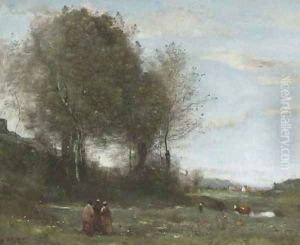 Trois paysannes dans un pre, souvenir de Bretagne by Jean-Baptiste-Camille Corot