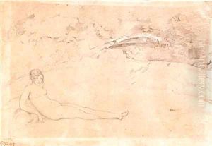 Jeune baigneuse couche sur l'herbe by Jean-Baptiste-Camille Corot