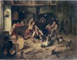 Peasants Brawling In A Tavern Interior by Abraham Diepraam