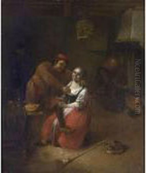 An Amorous Couple In An Inn,
With A Woman By A Fireplace In The Background, A Broom And A Cat In
Front - view 1