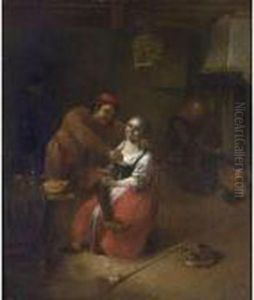 An Amorous Couple In An Inn,
With A Woman By A Fireplace In The Background, A Broom And A Cat In
Front by Abraham Diepraam