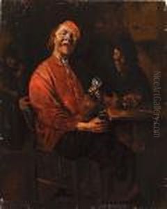 Two Peasants Drinking And
Smoking At A Table In A Tavern, Another Figure With A Staff In The
Background by Abraham Diepraam