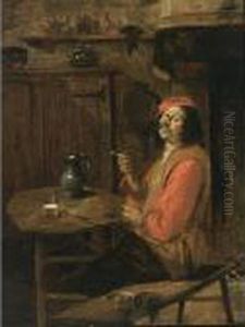 A Man Smoking A Pipe In An Interior Near A Fireplace by Abraham Diepraam