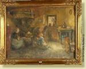 Cuisine Animee, Aquarelle Sur 
Papier Colle Sur Toile.signee En Bas A Gauche J. Dierckx. Ecole Belge. 
Dim.: 45x59cm