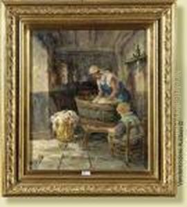 Huilesur Toile "l'heure De La
Lessive". Signe En Bas A Gauche P.j.dierckx. Ecole Belge. (voir
Etiquette Au Dos). Dim.: 45,5x38cm. by Pierre Jacques Dierckx