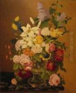 Floral Still Life In A Glass Vase Upon A Marble Ledge by Adelheid Dietrich