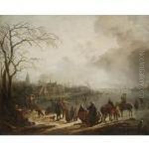 A Winter Landscape With A Sledge
 And Numerous Figures On A Frozen River, A Village Beyond