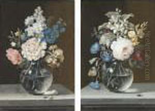A Pair Of Still Lifes With 
Roses, Orange Blossoms, Convulvuli, Carnations, And Anenomes, In Glass 
Vases With Insects - view 1