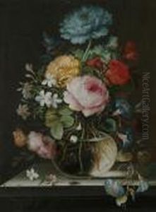 Still Life Of Flowers In A Glass Vase With Two Butterflies, A Beetle And A Bee