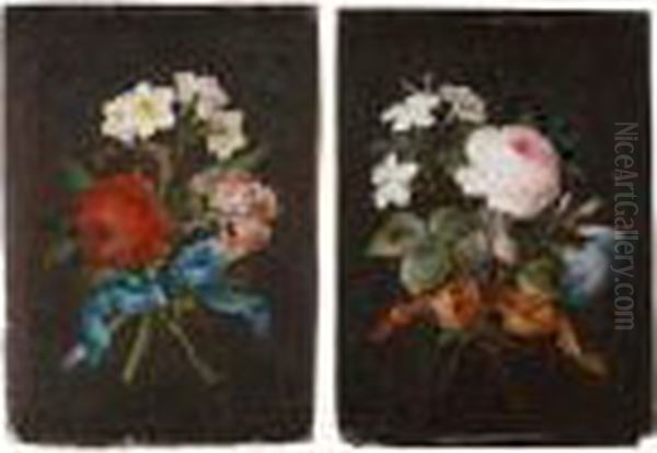 Pair Of Flower Studies With Roses, Jasmine And Narcissi, Tied With Coloured Ribbons - view 1