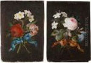 Pair Of Flower Studies With Roses, Jasmine And Narcissi, Tied With Coloured Ribbons by Barbara Regina Dietzsch