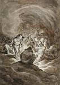 Peasants Crowded Round A Fire In A Cavern