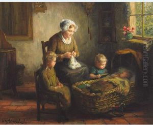 Mother And Children In An Interior by Hendricus Anthonius Dievenbach