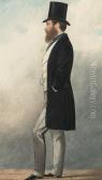 A Gentleman, Full-length,
Profile To The Left, Wearing Black Coat, Grey Trousers, Cream Waistcoat,
Checked Cravat And Top Hat - view 1
