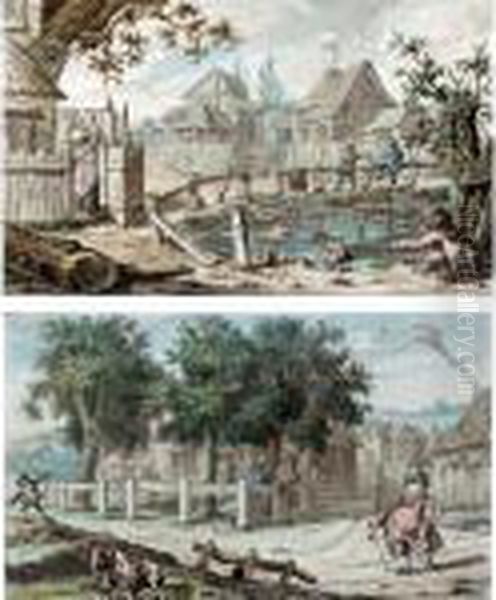 The Village Pond, Young Boys 
Encouraging A Dog To Chase Ducks; And Kite-flying Near A Village - view 1
