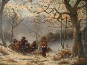 Hunters By Campfire In Forest