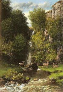 A Family of Deer in a Landscape with a Waterfall by Gustave Courbet