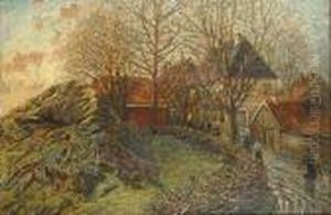 Ferme Et Personnages Dans Un Paysage by Carl-Edvard Diriks