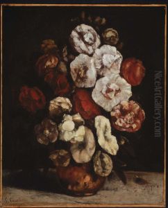 Hollyhocks In A Copper Bowl by Gustave Courbet