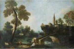 Pecheurs Et Jeune Femme Au Bord D'une Riviere Pres D'unvillage by Antonio Diziani