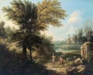 Paesaggio Fluviale Veneto Con Un Monumento E Figure