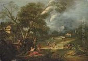 An Italianate River Landscape 
With Juno Resting Under A Tree With Putti, A Fountain Nearby