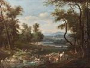 An Italianate Landscape With
Travellers On A Riverside Path And A Shepherd With His Flock On The Far
Bank by Antonio Diziani