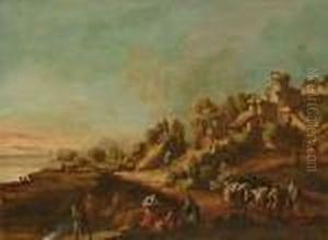 A Rocky River Landscape With Travellers On A Path, A Village Beyond