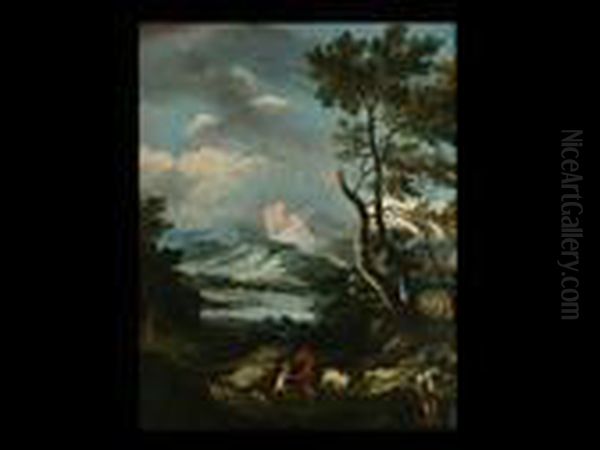 Landschaft Mit Hirten Vor Einem Wasserlauf Mit Aufsteigendenbergen Im Hintergrund - view 1