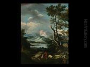 Landschaft Mit Hirten Vor Einem Wasserlauf Mit Aufsteigendenbergen Im Hintergrund by Antonio Diziani