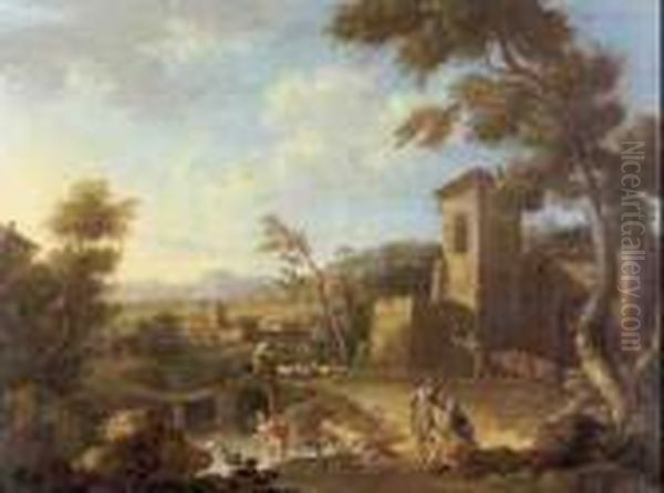 Peasants By A River With A Landscape Beyond - view 1