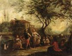 Travellers Conversing By A 
River, A Town Beyond; And A Coupledancing With Other Figures Gathered 
Around by Antonio Diziani
