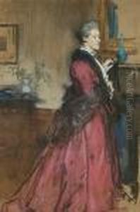 'miss Dacie' - Portrait Of A Lady Standing By A Fireplace by Francis H. Dodd