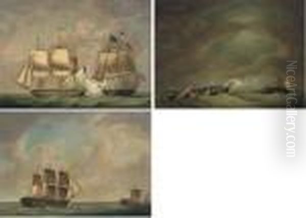The Close Action Between H.m.s.
Eurotas And The French Frigateclorinde, 25th-26th February 1814 - A Set
Of Three Comprising: Theopening Salvo From Eurotas Into Clorinde's
Stern; The Two Frigatessubsequently Dismasted; And The Remasted Eurotas
In F - view 1