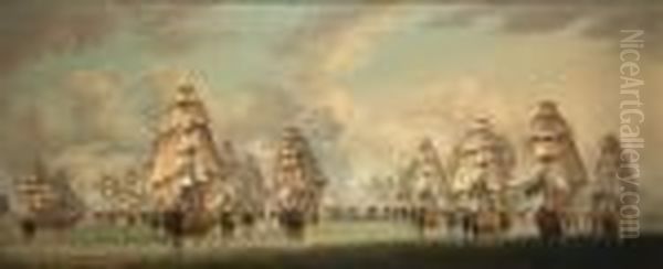 The Battle Of Trafalgar - The
Two British Columns Going Into Action; Admiral Dumanoir's Surviving
French Squadron Escaping The Carnage - view 1