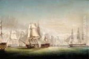 The Battle Of Trafalgar, With H.m.s. Victory Raking The Bucentaure by Robert Dodd