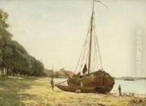 Sommerliche Kustenlandschaft Mit An Land Liegendem Segelboot Und Figurenstaffage. by Johan Hendrik Doeleman