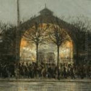 Figures In Front Of Theold Railway Hall by Heinrich Dohm