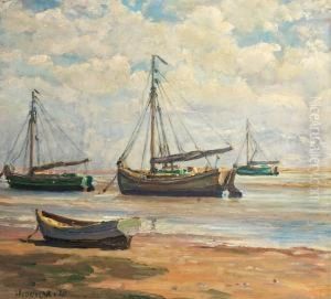 Boats On Shore At Sonderho, Low Tide. Signed Dohm 28 by Heinrich Dohm